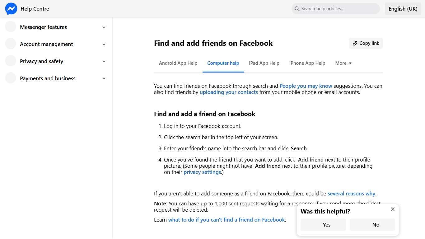 Find and add friends on Facebook | Messenger Help Centre