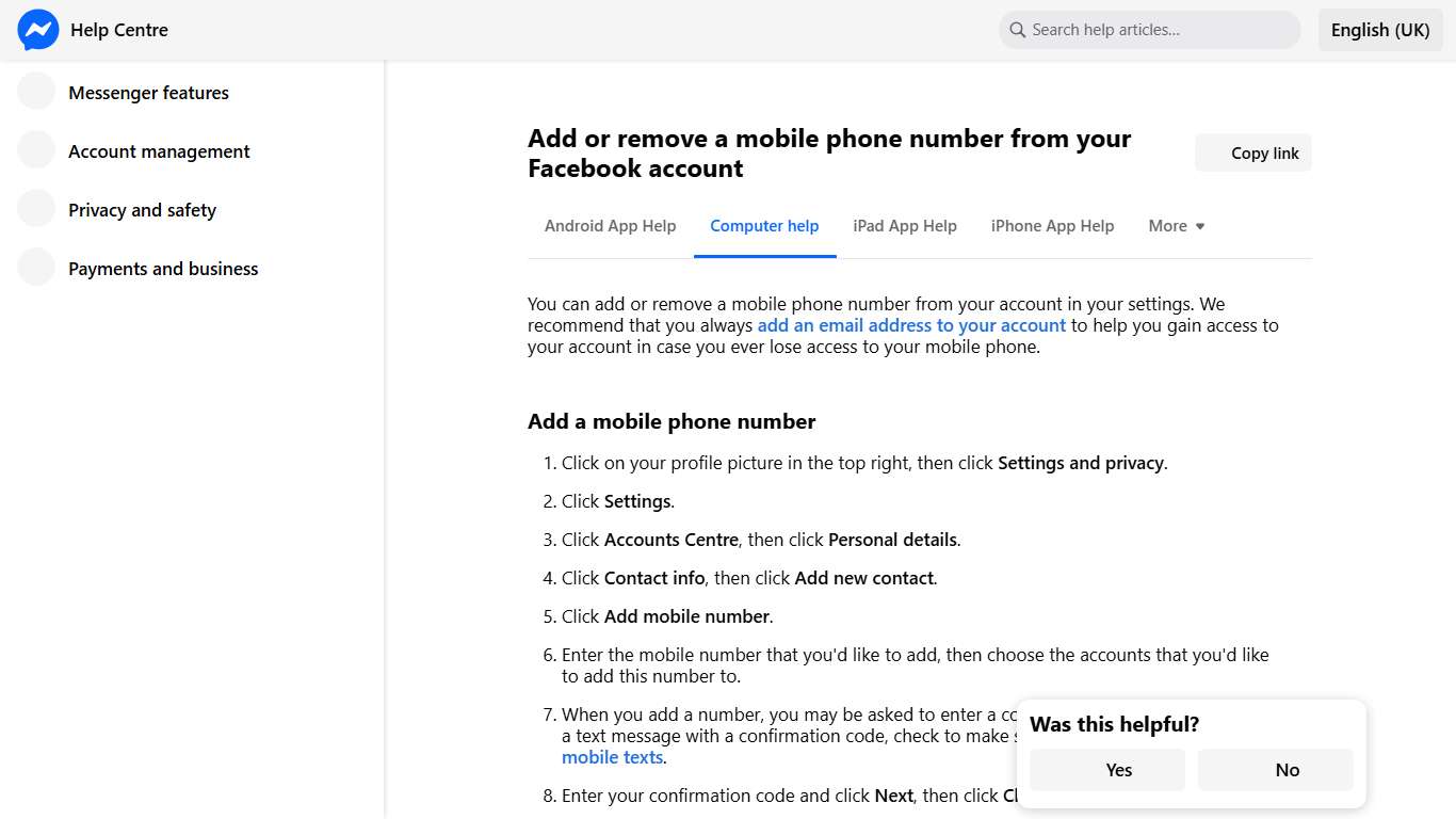 Add or remove a mobile phone number from your Facebook account | Messenger Help Centre