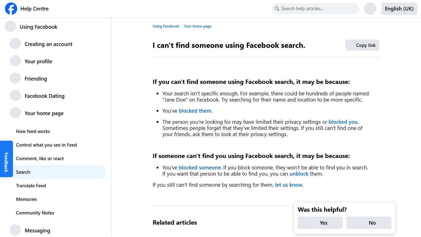 I can't find someone using Facebook search. | Facebook Help Centre